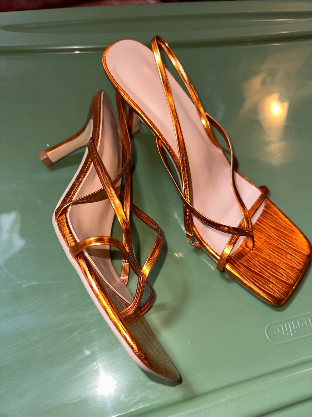 Metallic Orange Strappy Mid-Heel Sandals - Women's
